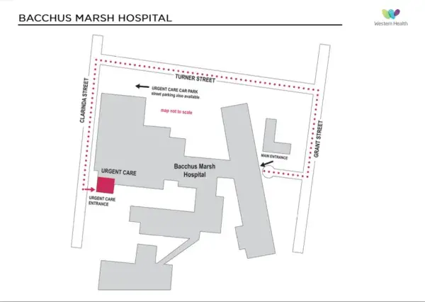 Map of Bacchus March Hospital showing the route from the main entrance on Grant Street via Turner Street to Clarinda Street where the Urgent Care entrance is located. Street parking is also available on this location.