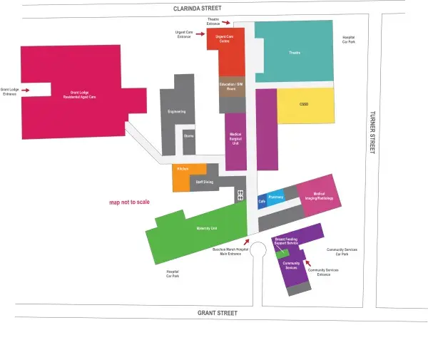 Site map of Bacchus Marsh Hospital showing the locations of major buildings and entrances, including Grant Lodge, Urgent Care Centre, Theatre, CSSD, Medical Surgical Unit, Maternity Unit, Pharmacy, Radiology, Community Services, car parks, and main access points from Clarinda Street, Turner Street, and Grant Street.